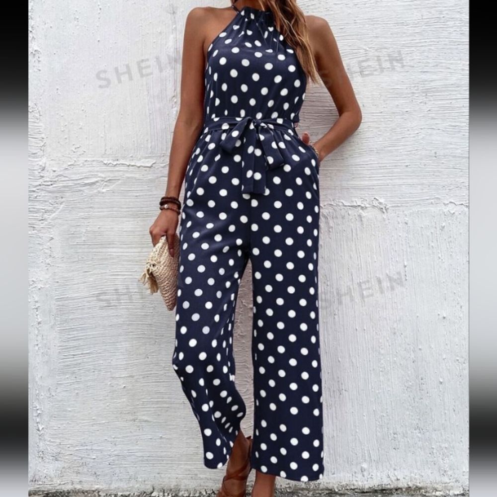 Shein Curvy Navy Blue Polkadot Halter Neck Jumpsuit 1 XL